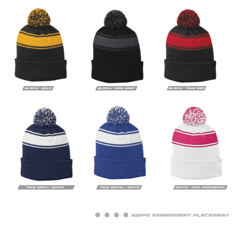 Embroidered Stripe Pom Pom Beanie Hats | STC28 Sport-Tek®