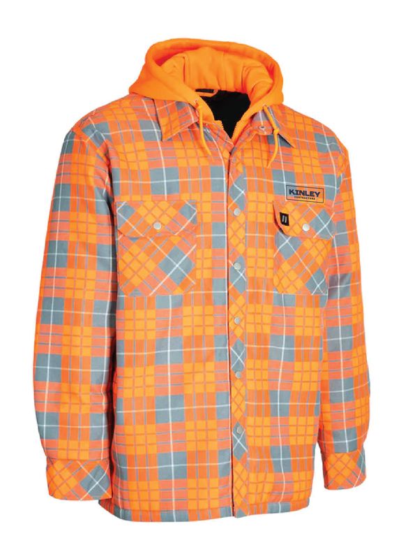Kinley Forcefield Hi Vis Orange Hooded Plaid Quilt-Lined Flannel Shirt Jacket