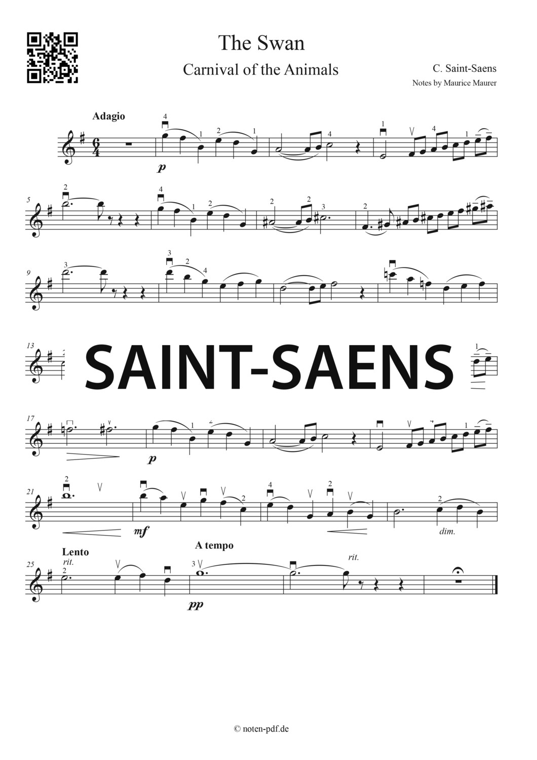 Saint-Säens: The Swan (Violin Sheet Music)
