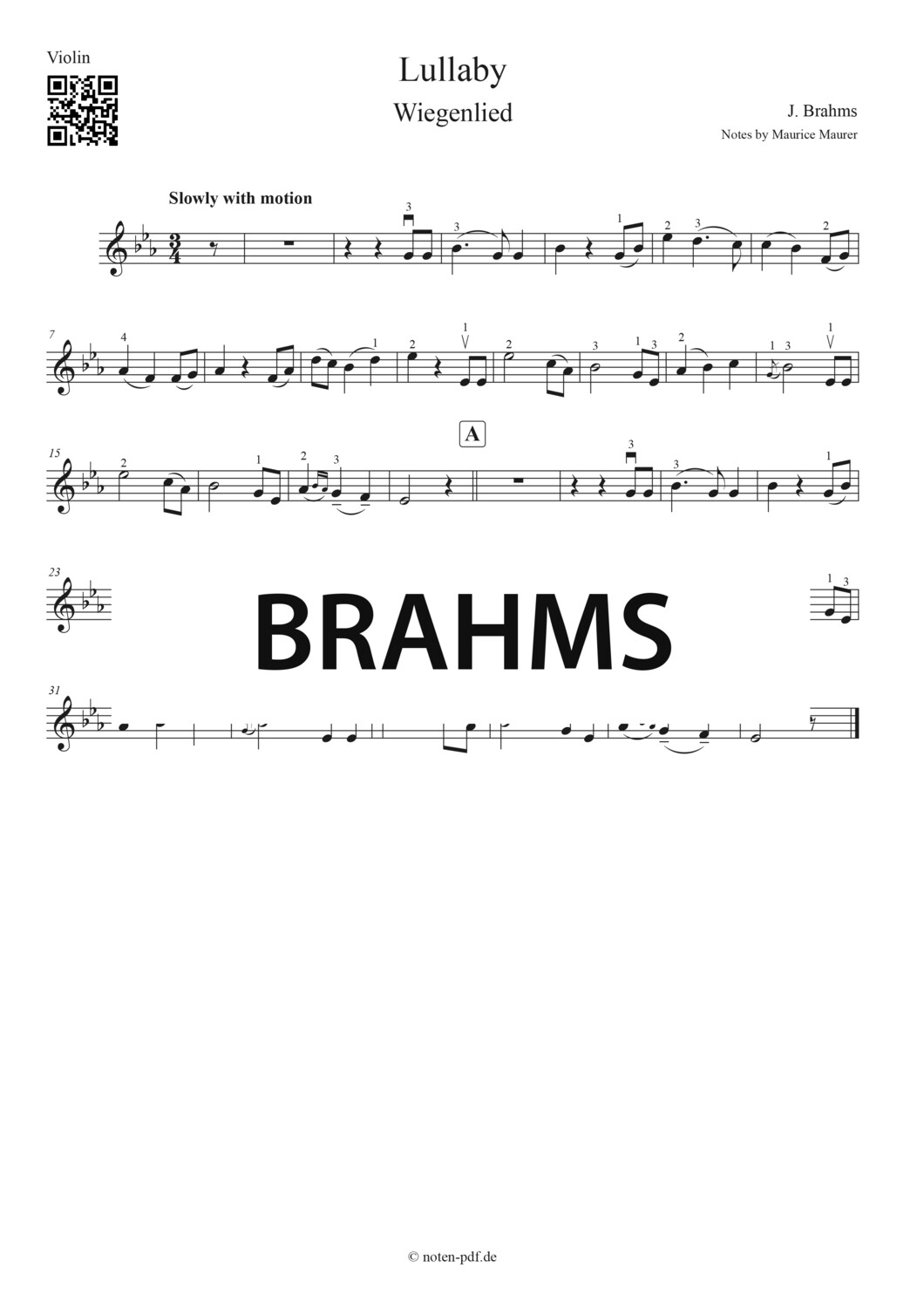Brahms: Lullaby / Wiegenlied (Violin Sheet Music)
