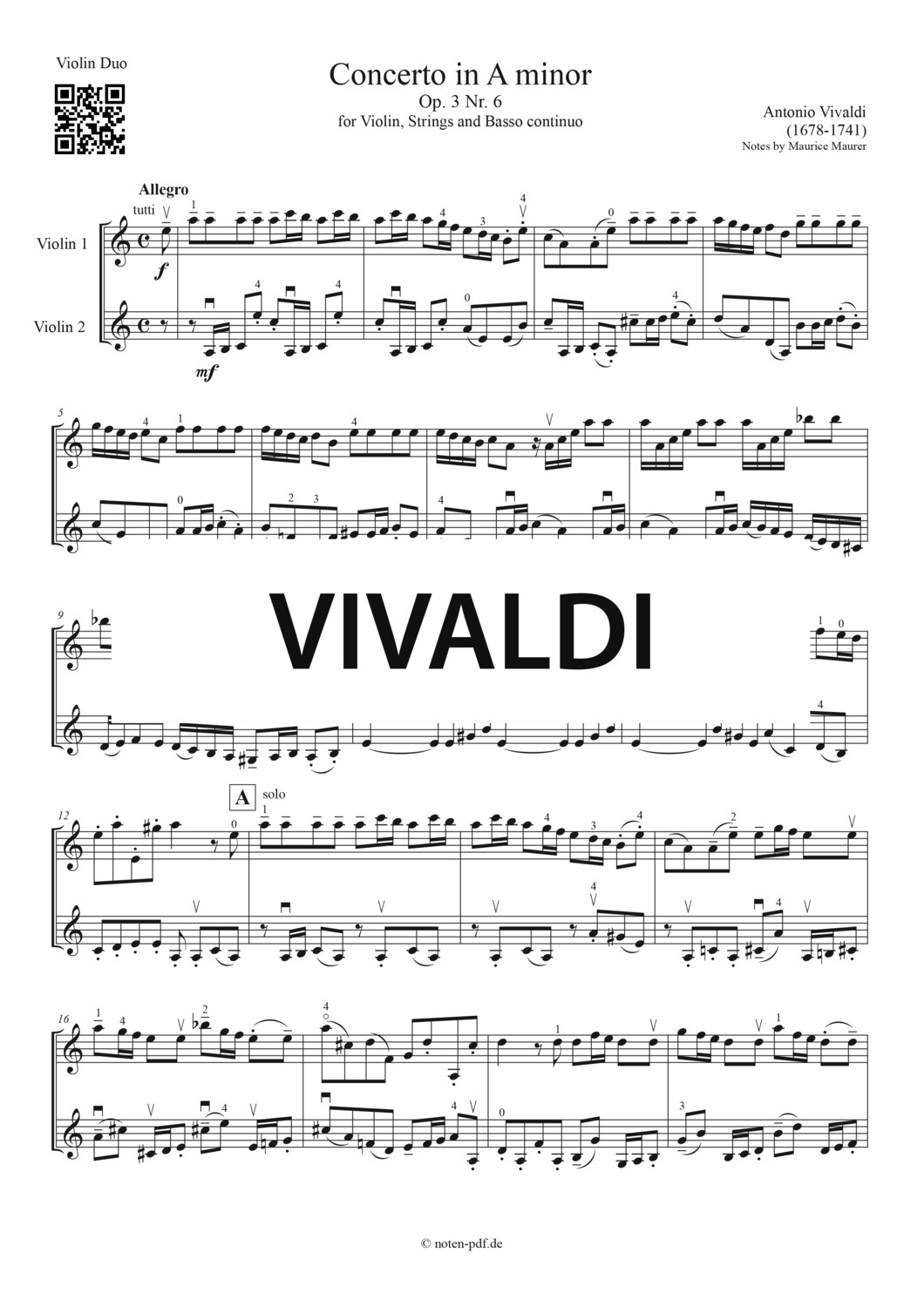 Vivaldi: Concerto in A minor (arr. for 2 Violins) - 1. Movement + MP3