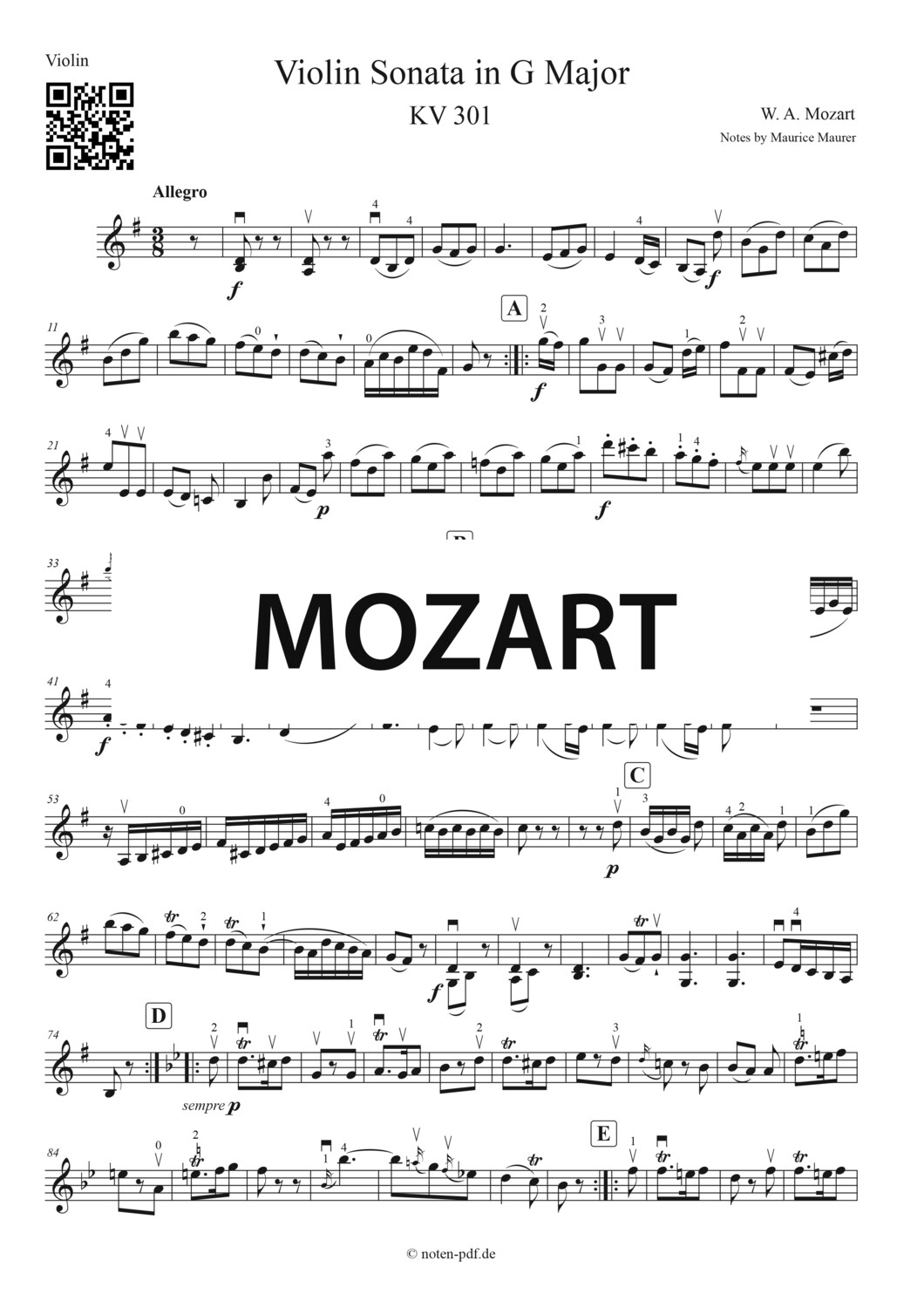 Mozart: Violin Sonate KV 301 in G Major 2. Movement Arrangement for 2 Violins + MP3