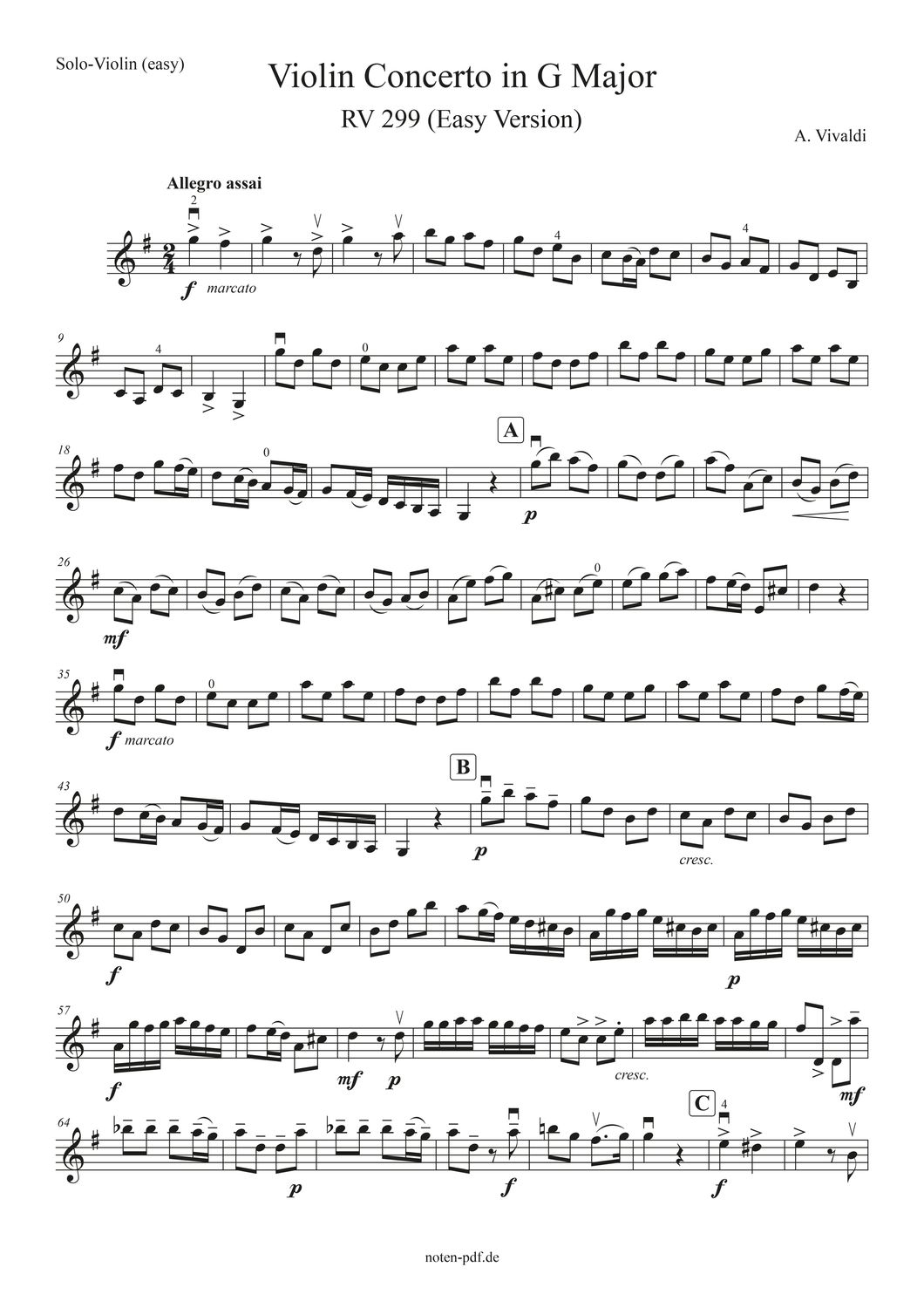 Vivaldi: Concerto in G Major, RV 299 Easy - 1. Movement