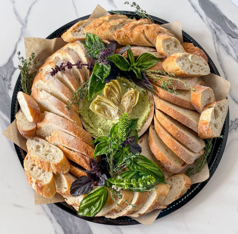 Creamy Pesto Artichoke Dip and Bread Platter