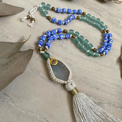 Recycled Glass 54 Bead Mala Necklace