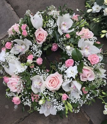 Pink and white orchid wreath