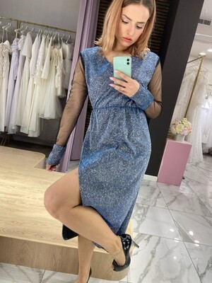 Вечернее платье голубое с прозрачными рукавами (56 размер)