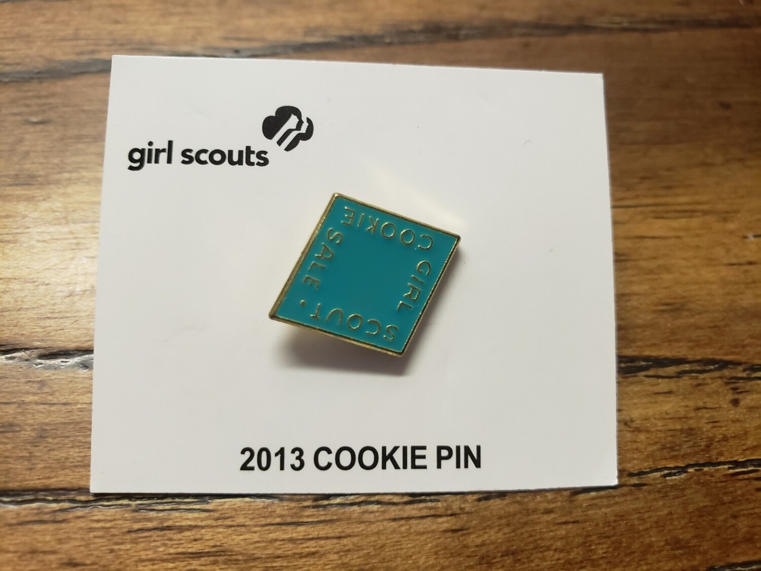 2013 Girl Scout Official Cookie Pin~ Teal Green Metal NEW on Backing vest sash 
