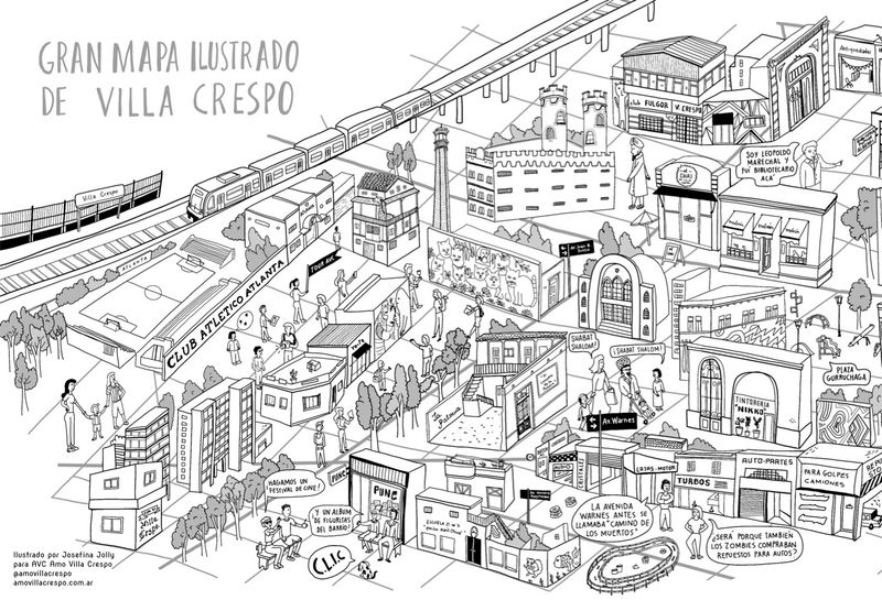 ​Gran mapa ilustrado de Villa Crespo B&amp;N (son dos hojas de 30x42cm)
