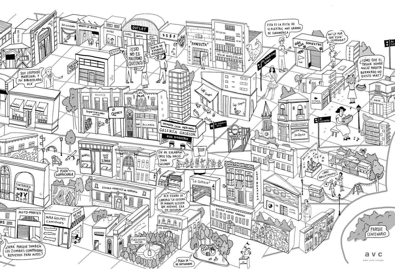 ​Gran mapa ilustrado de Villa Crespo B&amp;N (son dos hojas de 30x42cm)