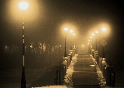 Assiniboine Park Bridge foggy evening
