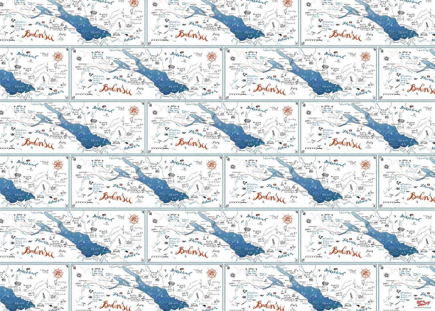 Geschenkpapier &quot;Bodenseekarte&quot;, 4 Bogen-Set