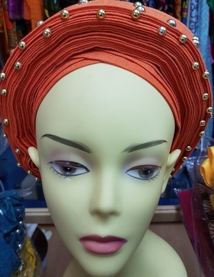 Autogele (Aso oke) head wrap orange with silver studs