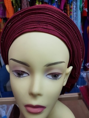 Autogele (Aso oke) head wrap burgundy with tiny multi-coloured studs