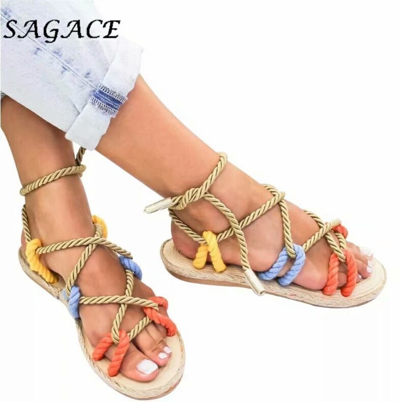 Flat bottom hemp sandals, Size: 35, Color: Color matching