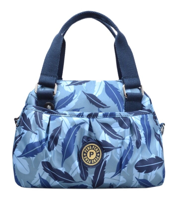 Women Waterproof Zipper Tote Bag Handbag Messenger Bag, Blue, Feathers