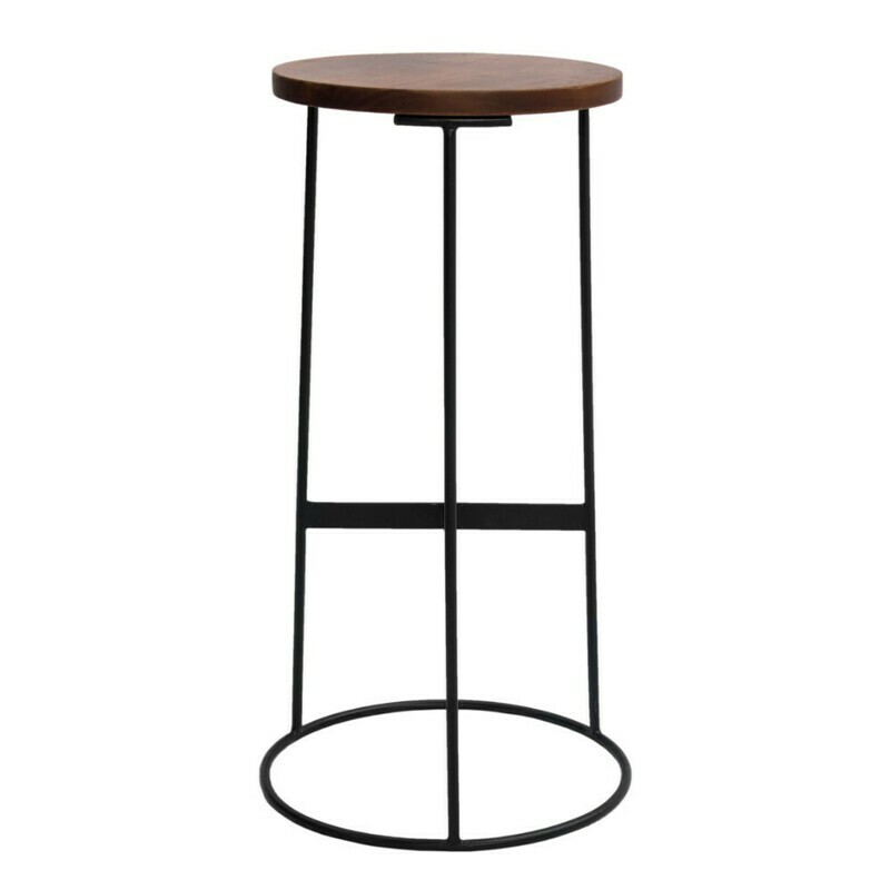 Round Iron Base Bar Stool With Acacia Wood Seat, Brown And Black