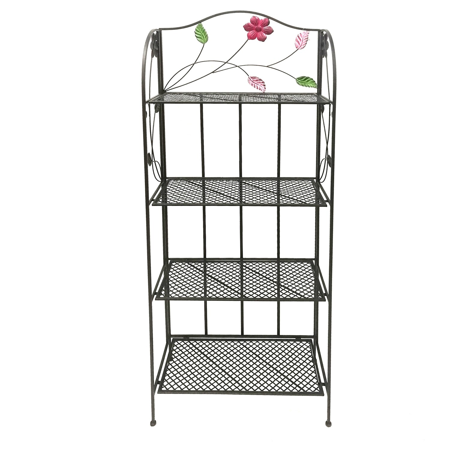 Four Tier Metal Foldable Bakers Rack With Flower Motifs, Black