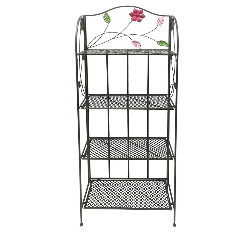 Four Tier Metal Foldable Bakers Rack With Flower Motifs, Black