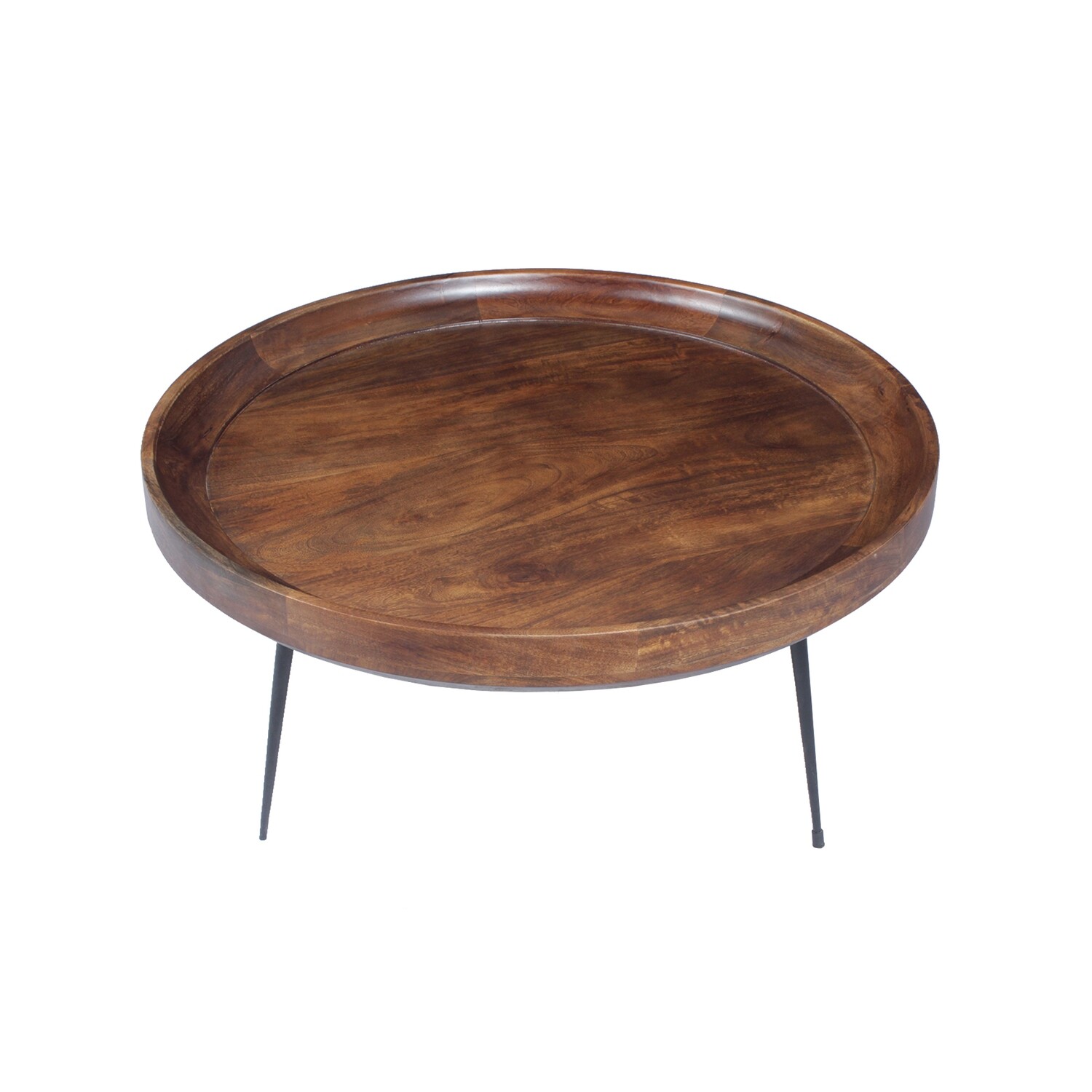 Round Mango Wood Coffee Table With Splayed Metal Legs, Brown And Black
