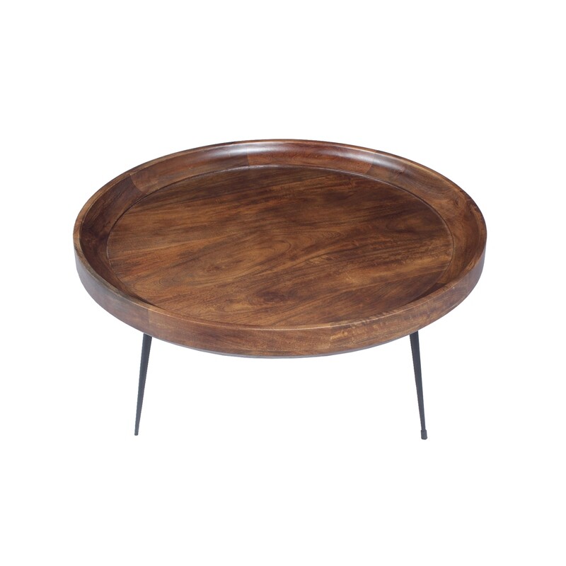 Round Mango Wood Coffee Table With Splayed Metal Legs, Brown And Black