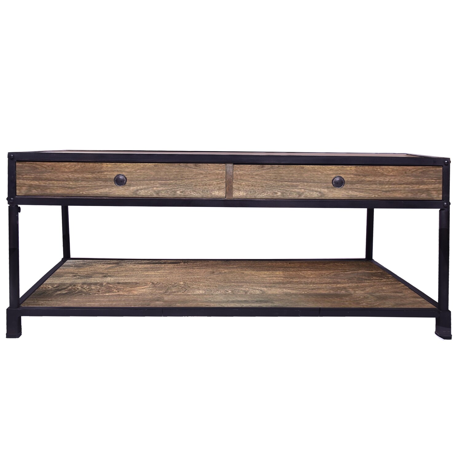 Metal Framed Mango Wood Coffee Table With Two Drawers And Open Base, Brown And Black