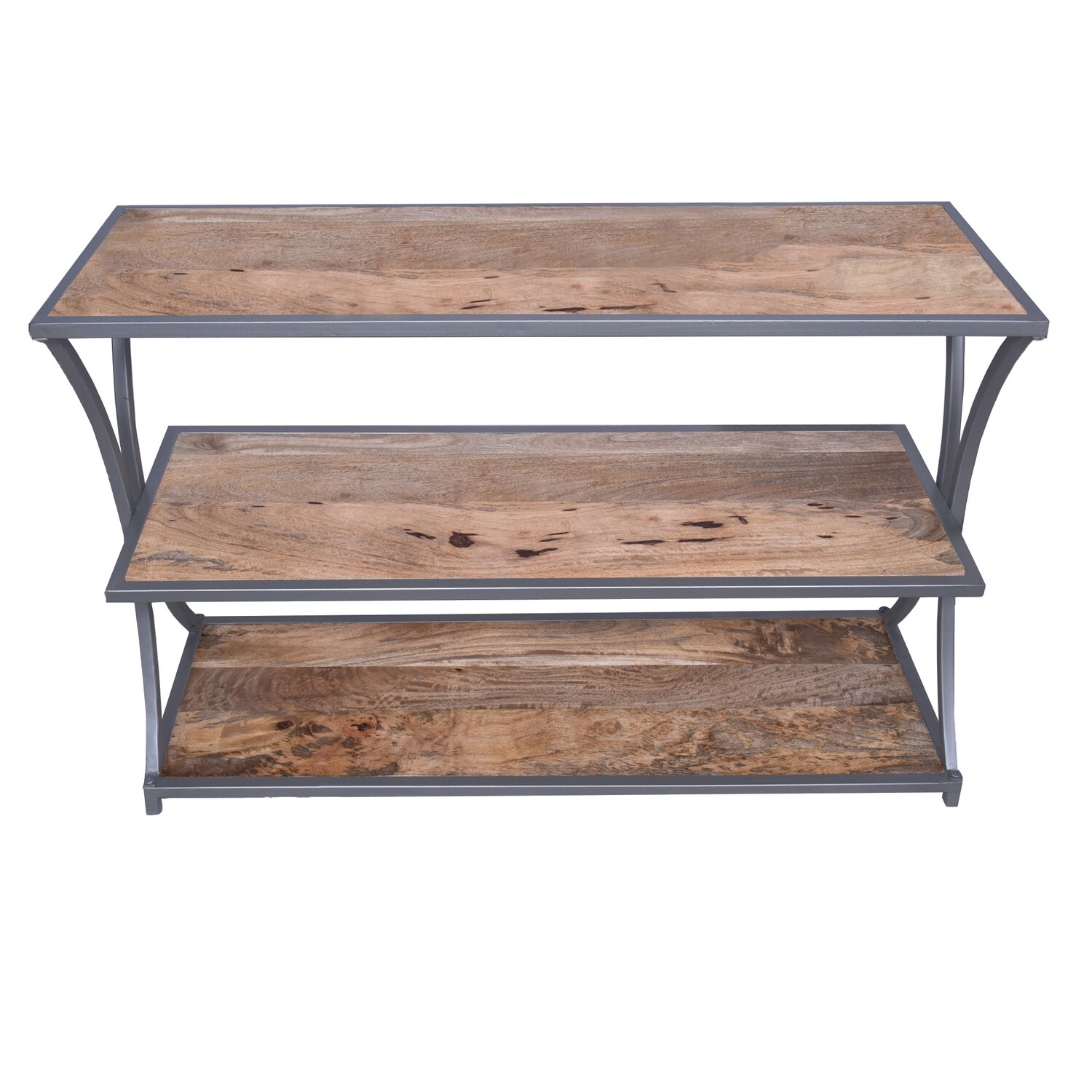 Metal Framed Three Tier Console Table With Mango Wood Shelves, Brown And Gray