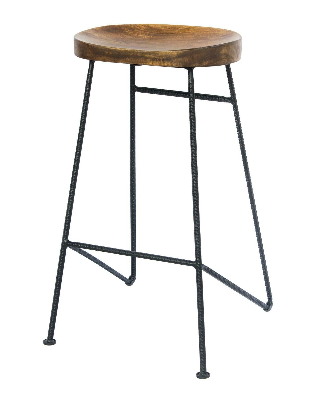 Mango Wood Saddle Seat Bar Stool With Iron Rod Legs, Brown And Black