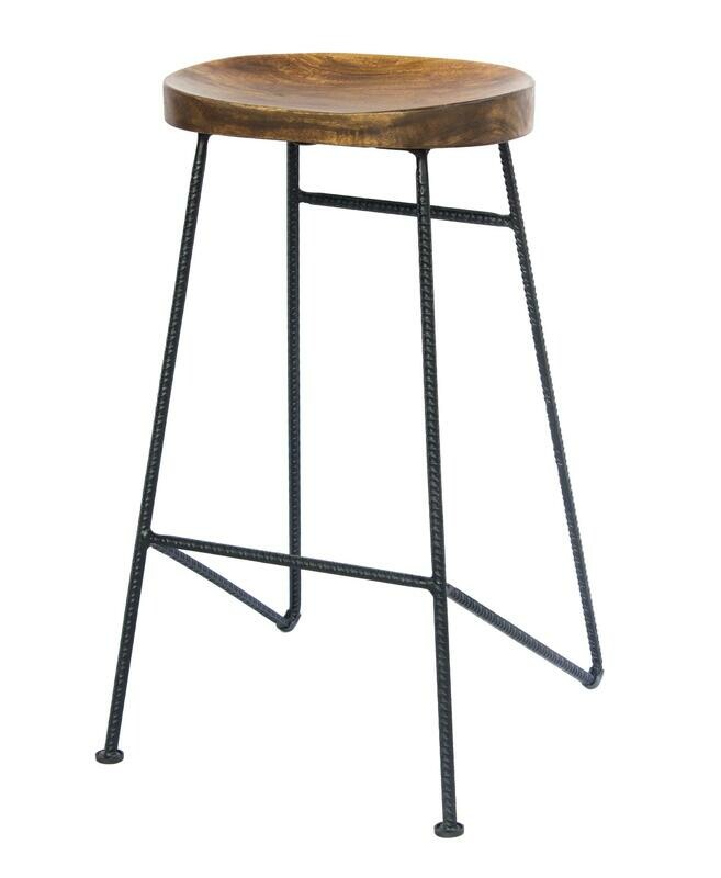 Mango Wood Saddle Seat Bar Stool With Iron Rod Legs, Brown And Black