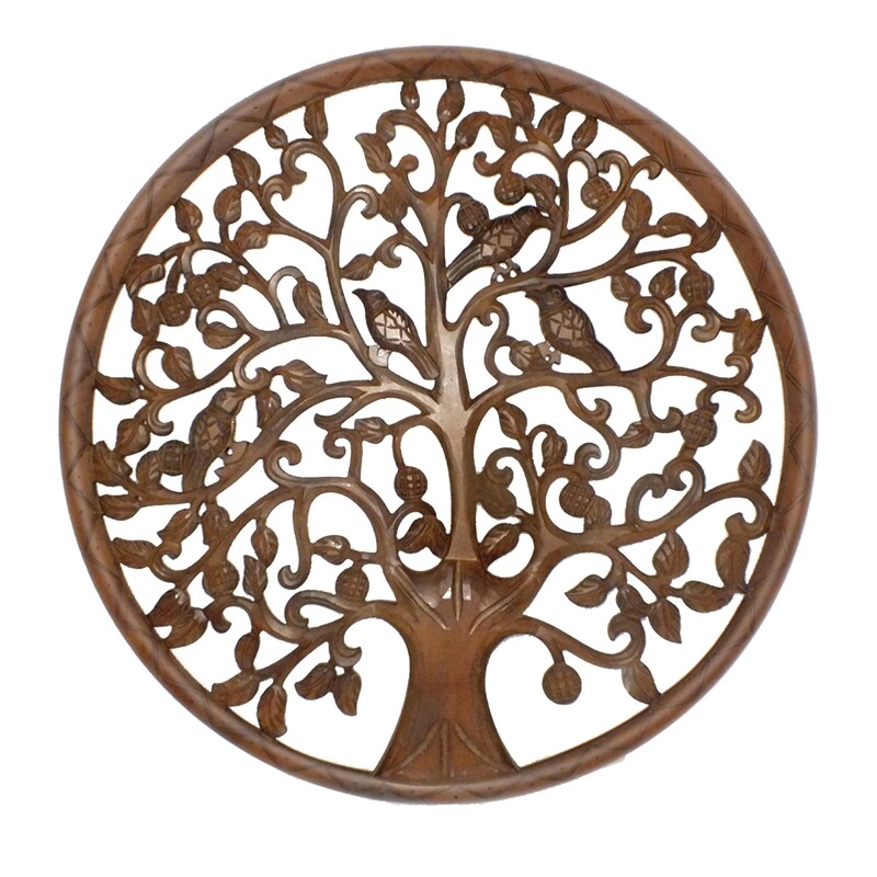 Circular Mango Wood Wall Panel With Cutout Tree And Bird Carvings, Antique Brown