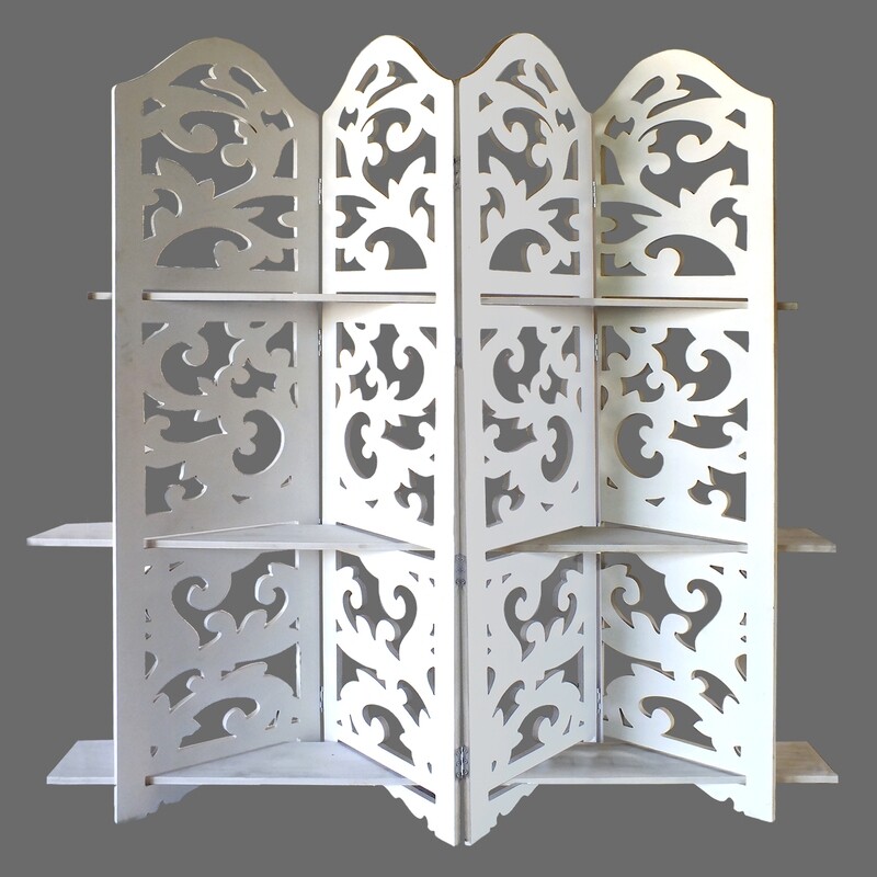 Hand Carved Four Panel Wooden Room Divider With Shelving Unit, White