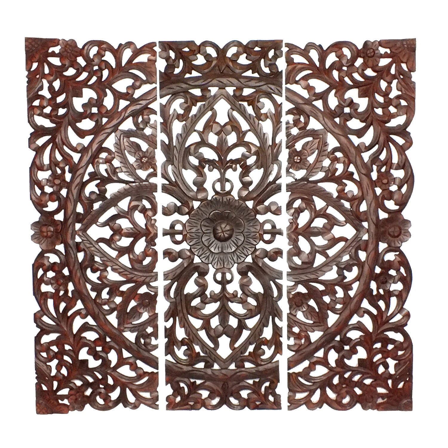 Three Piece Wooden Wall Panel Set With Traditional Scrollwork And Floral Details, Brown