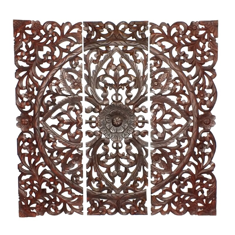Three Piece Wooden Wall Panel Set With Traditional Scrollwork And Floral Details, Brown