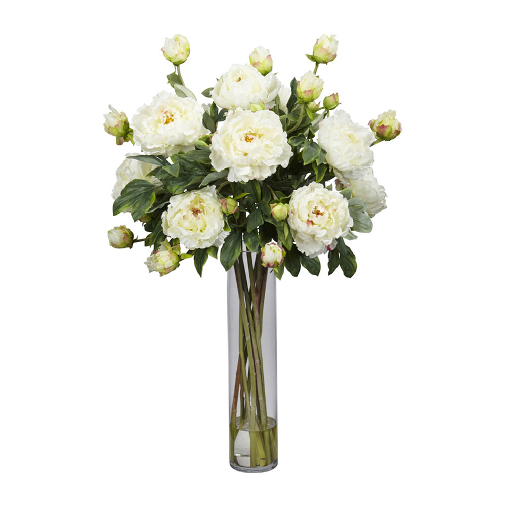 Nearly Natural Peony With Cylinder Silk Flower Arrangement White