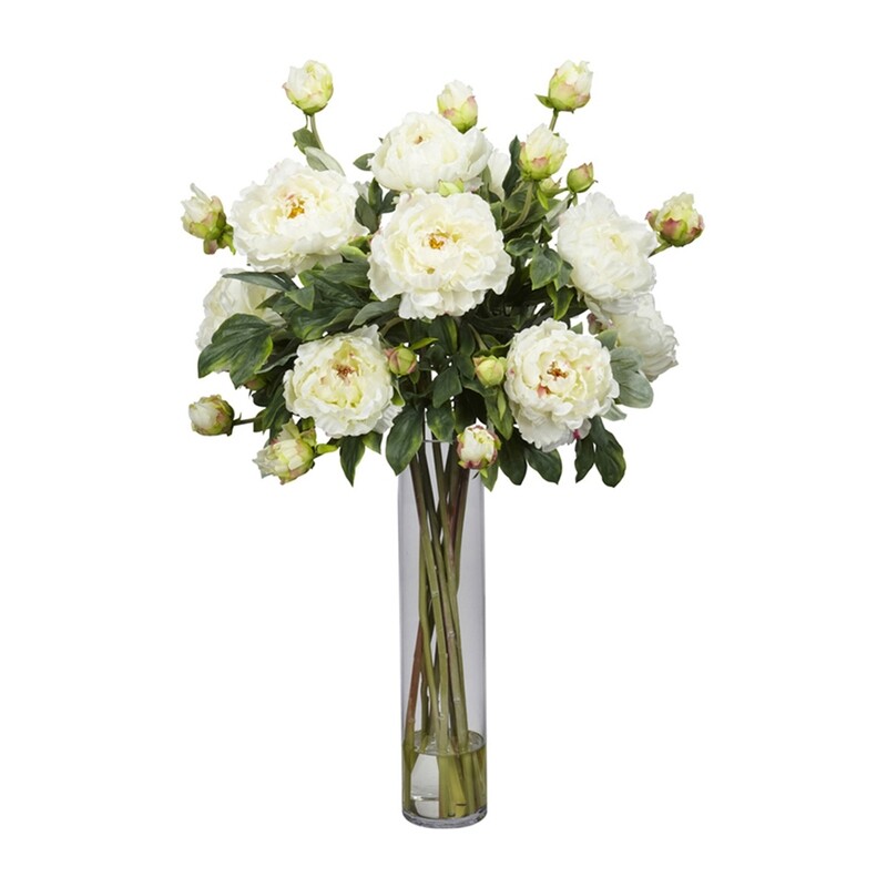 Nearly Natural Peony With Cylinder Silk Flower Arrangement White