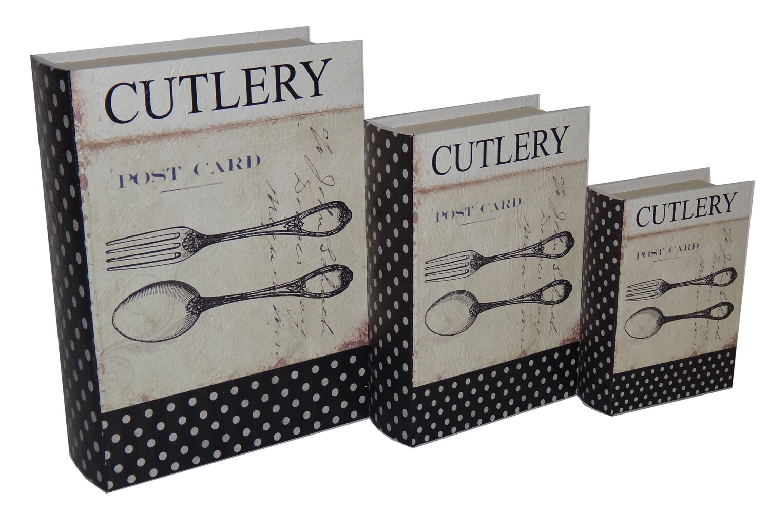 Home Indoor Decorative Holiday Seasonal Gift Set Of 3 Book Box With Vintage Cutlery Theme Printed On Vinyl