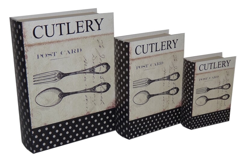 Home Indoor Decorative Holiday Seasonal Gift Set Of 3 Book Box With Vintage Cutlery Theme Printed On Vinyl