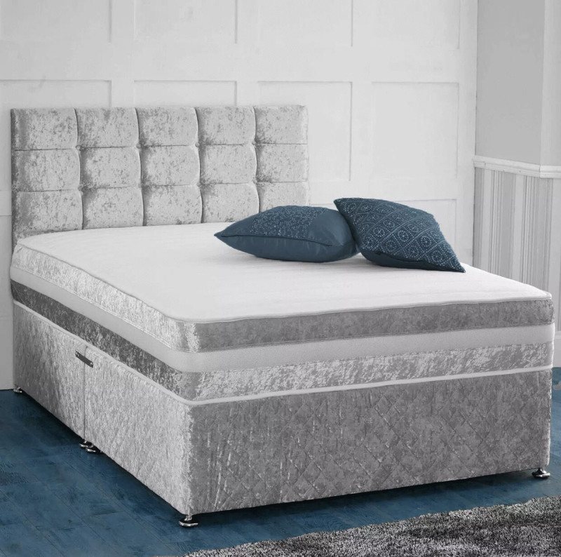 CRUSHED VELVET DIVAN BED + MEMORY MATTRESS + HEADBOARD