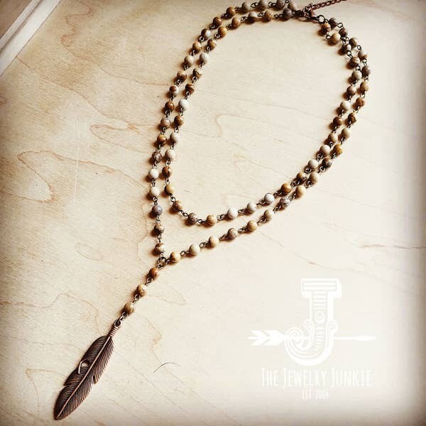 Double Strand Lariat Jasper Necklace w/ Copper Feather by The Jewelry Junkie