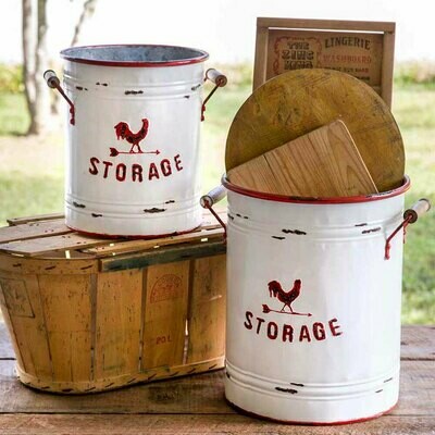 Metal White & Red Storage Tins with Handles