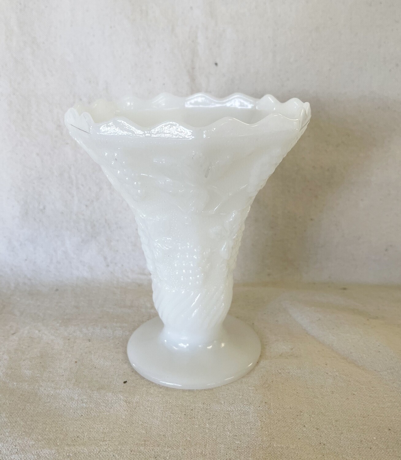 Milk Glass Flared Grapes and Leaves Vase Anchor Hocking 