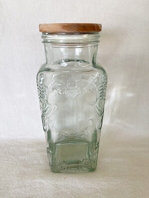 Vintage Embossed Green Glass Jar / Canister with Wood Lid