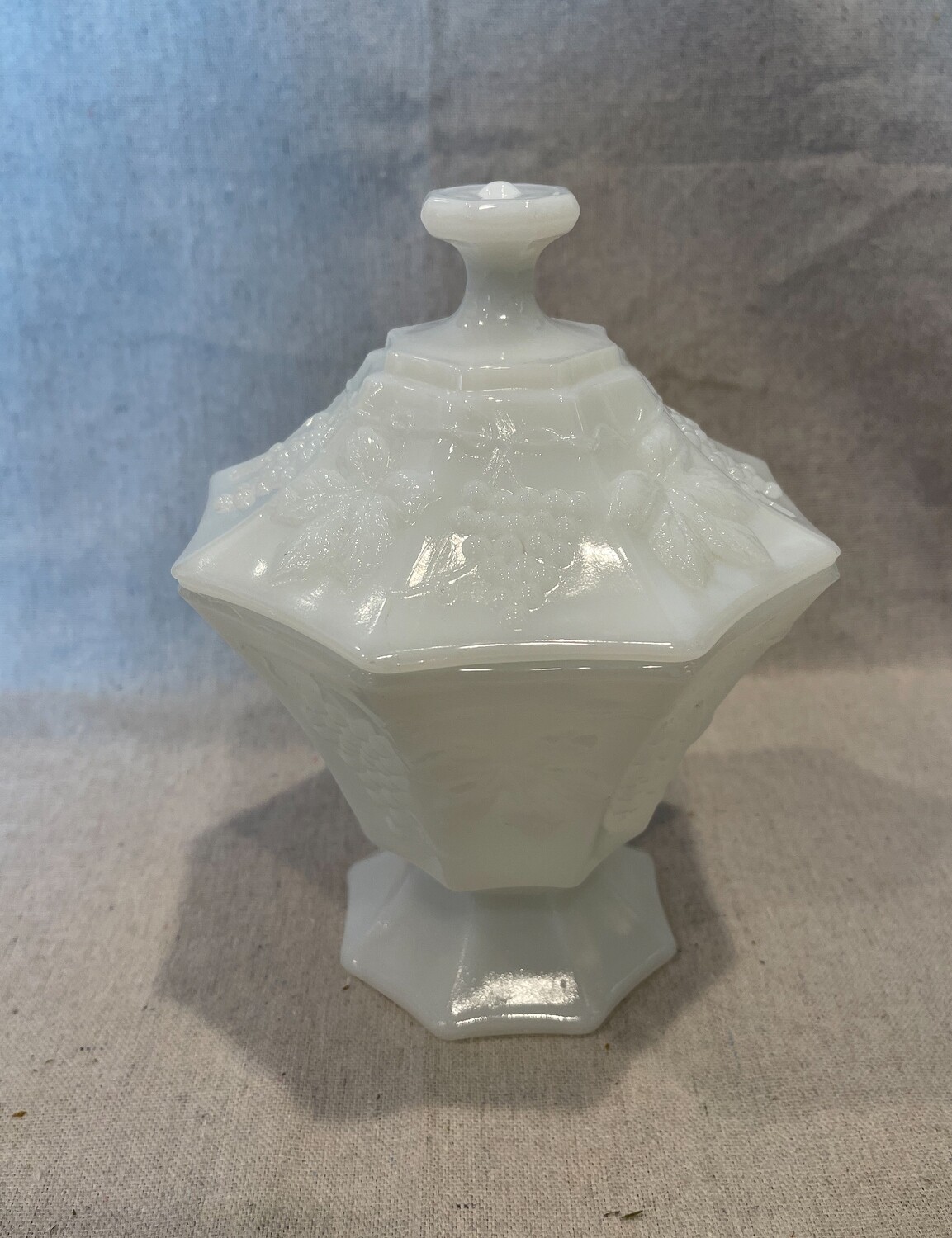 Anchor Hocking Milk Glass Covered Candy Dish/Compote Grape Design