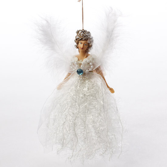 White Victorian Sparkle Feather Angel Ornament
