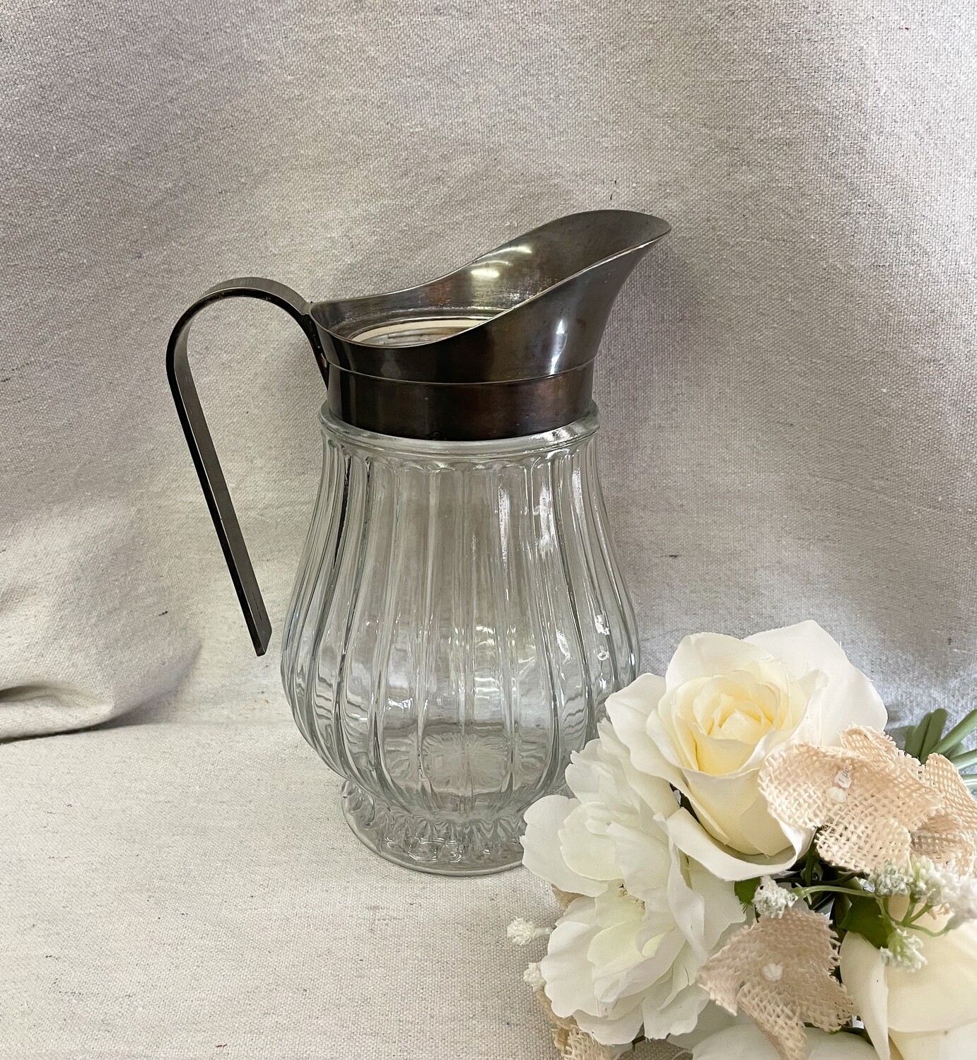 Italian Clear Ribbed Glass Pitcher with Silver Plate Top & Handle Vintage