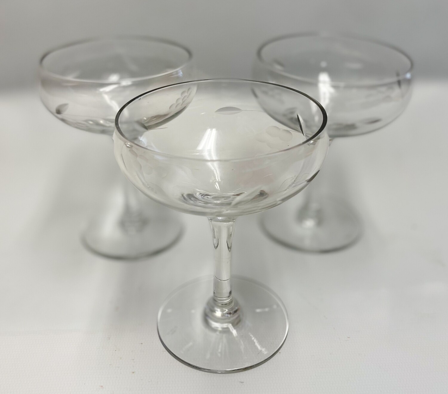 Tall Champagne Glasses Etched Grape Pattern- Set of 3