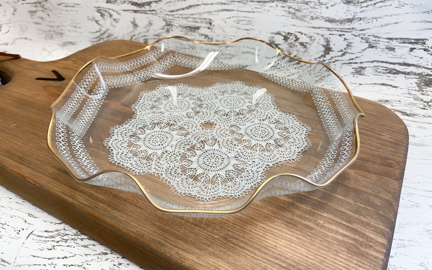 1960s Chance Brothers Glass White Lace Fluted Bowl with Gold Rim