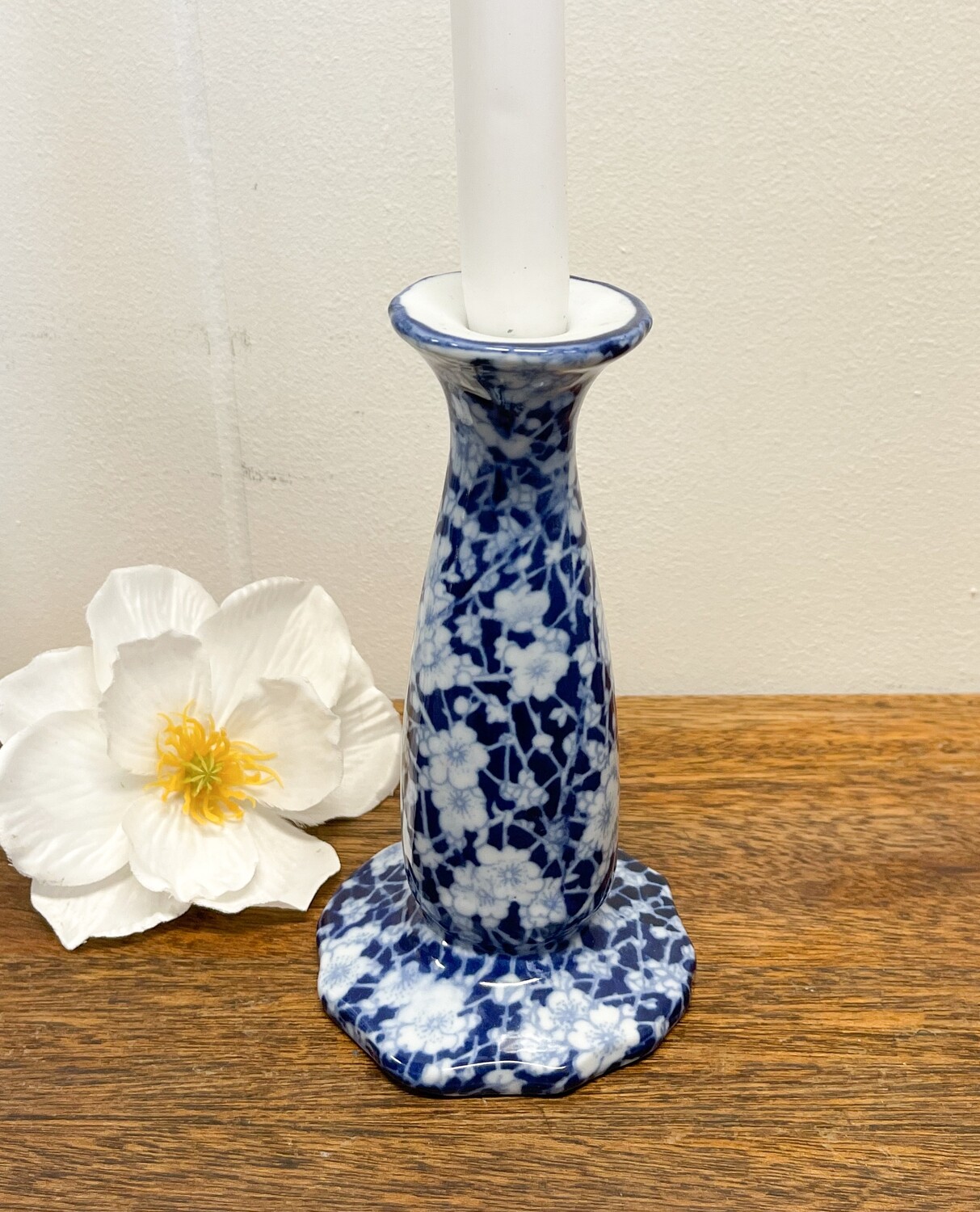 1950s Victoria Ware Flow Blue Calico Ironstone Candlestick