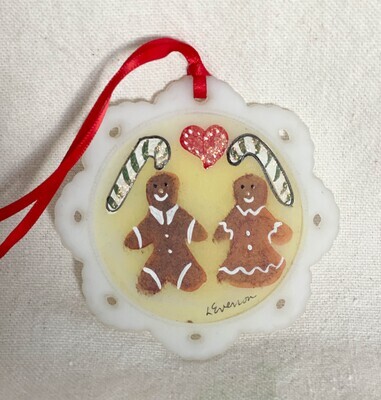 2001 Fenton Gingerbread Couple White Glass Christmas Ornament