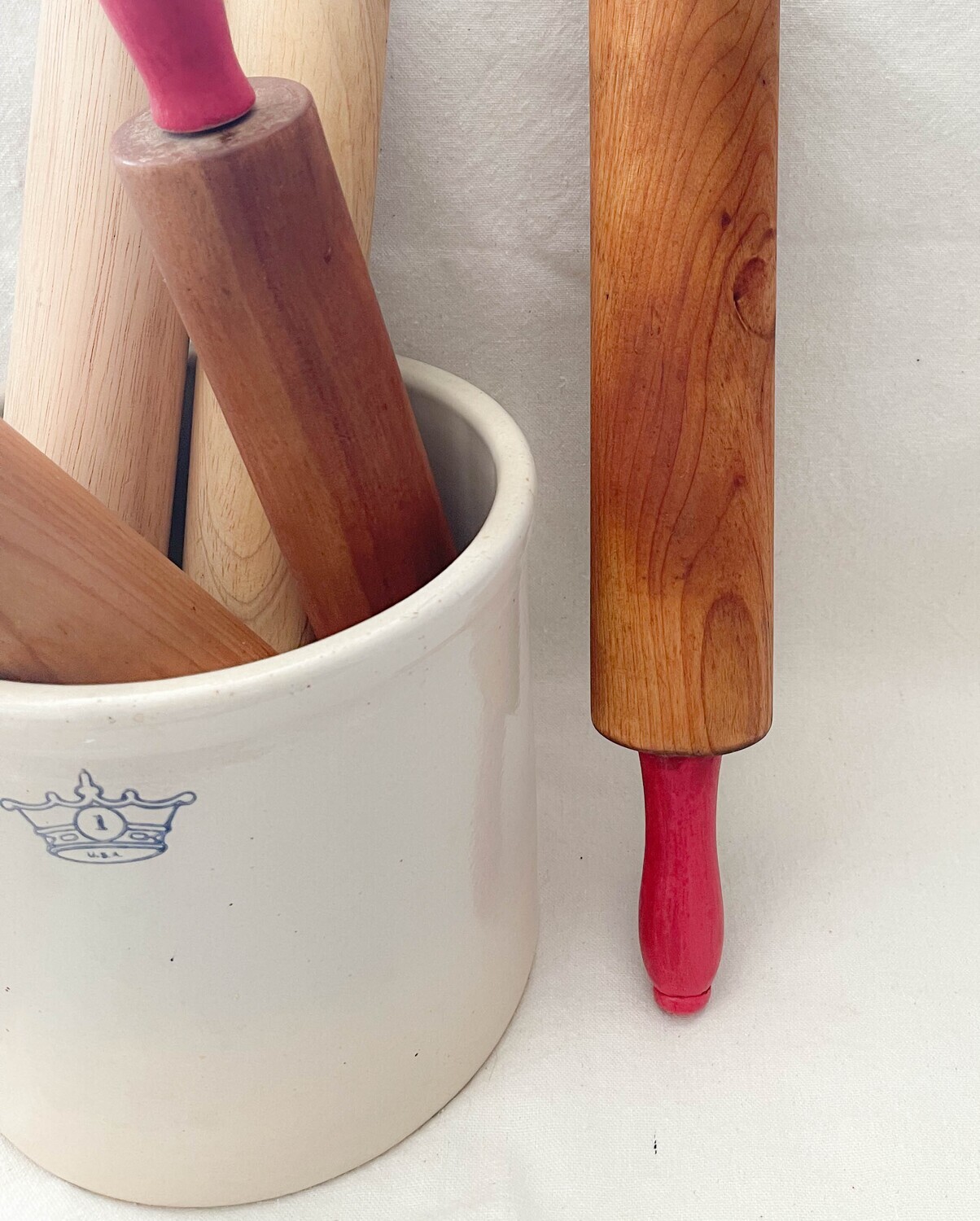 Upcycled Red Handled Wood Rolling Pin 18"